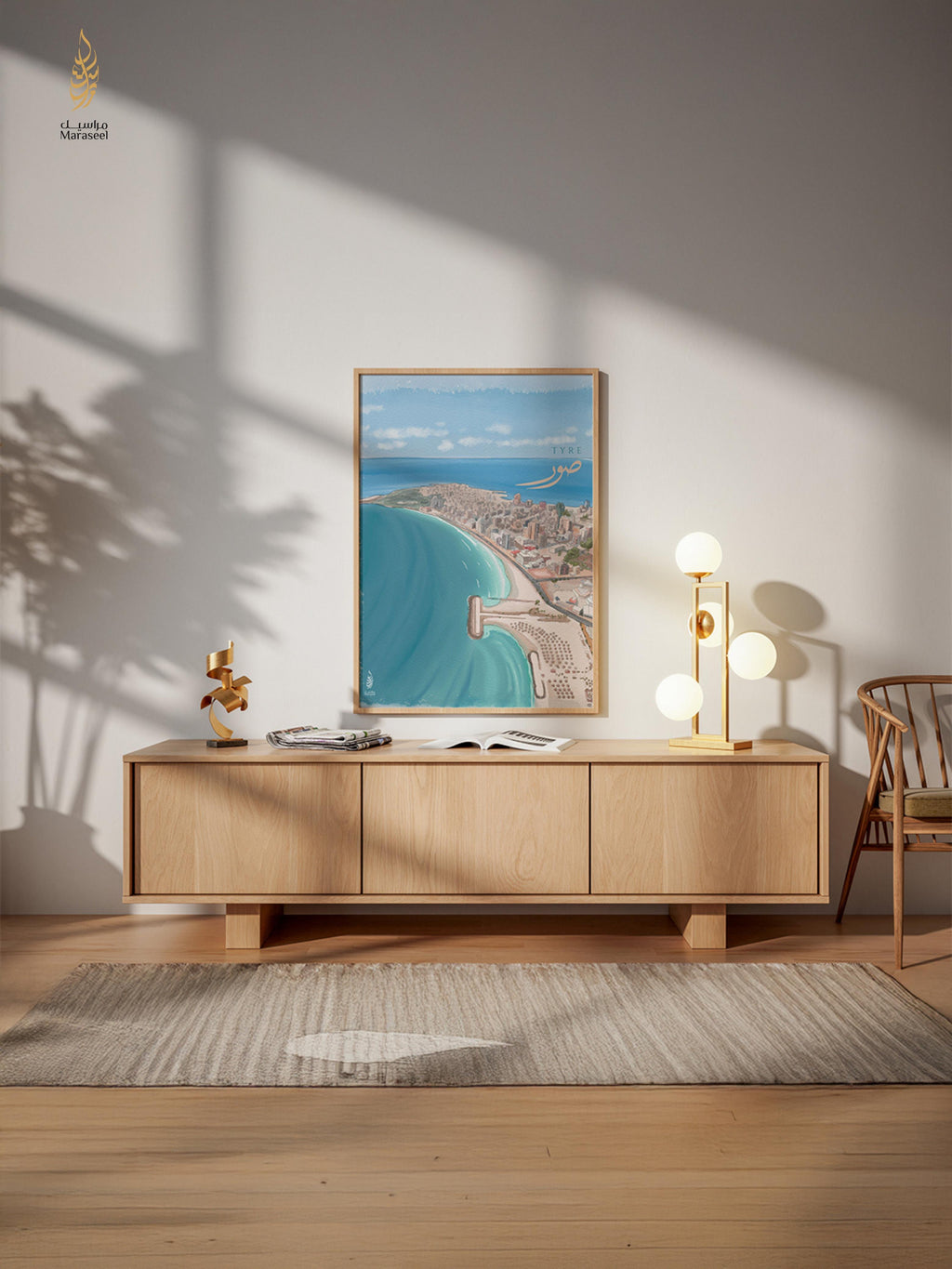Wooden cabinet with decorative items in a room with a large window for Art Print Tyre South  Lebanon 